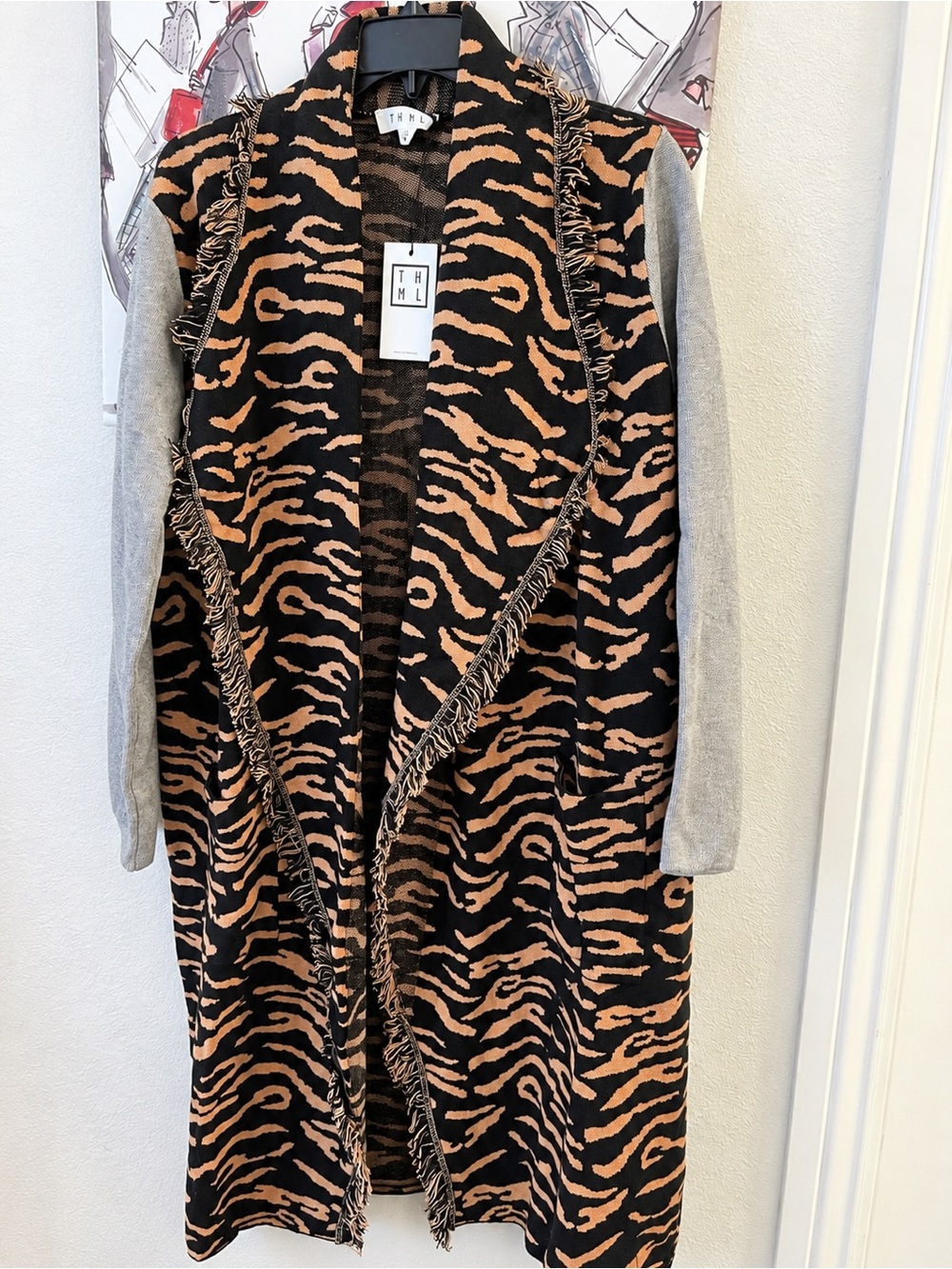 THML Girls Black and Tan Tiger-Print Open Cardigan